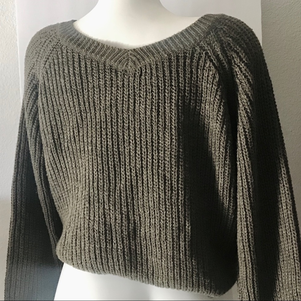 A.peach Olive Green V neck Ribbed Sweater - Picture 3 of 8